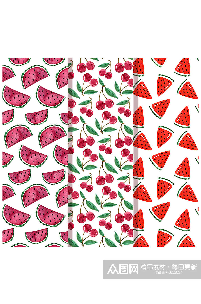 3款彩绘西瓜和樱桃无缝背景矢量图素材