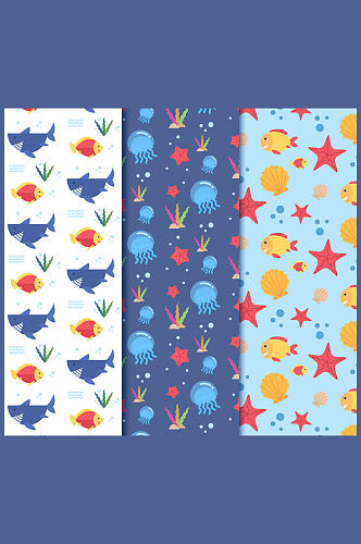 3款彩色海洋动物无缝背景矢量图