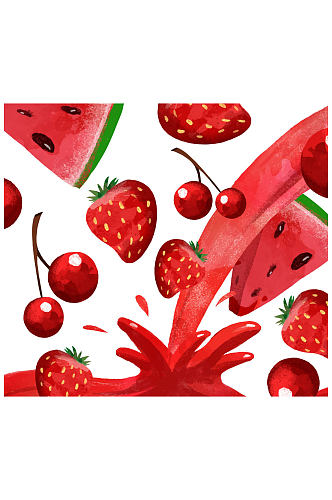 彩绘红色水果和果汁矢量素材