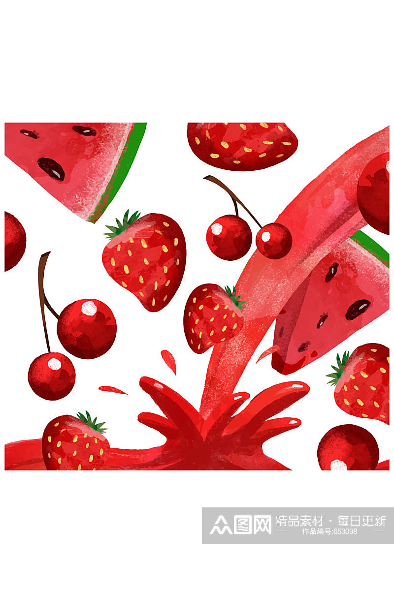 彩绘红色水果和果汁矢量素材素材