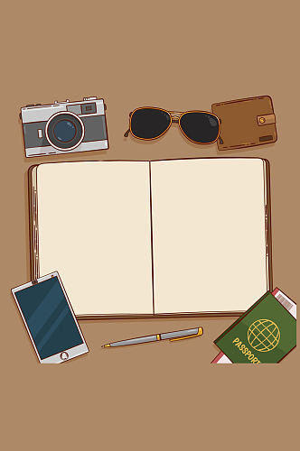 创意打开的记事本和6款旅行用品矢量图