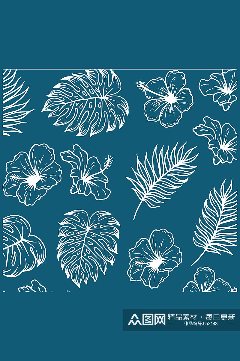 手绘热带花卉和树叶无缝背景矢量图素材