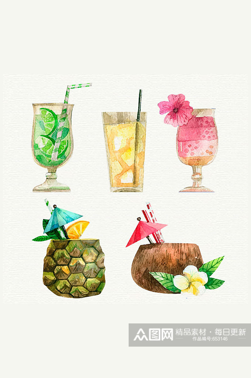 5款水彩绘夏季饮料矢量素材素材