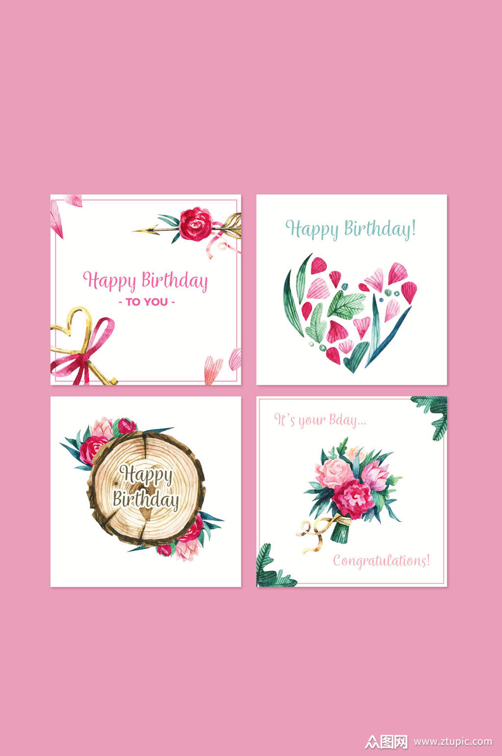 4款水彩绘花卉生日贺卡矢量素材模板下载-编号653154-众图网
