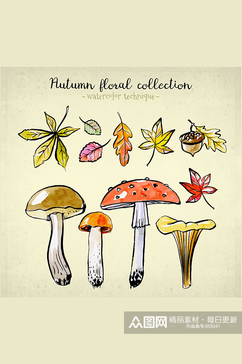 7款彩绘秋季树叶和4款蘑菇矢量图素材