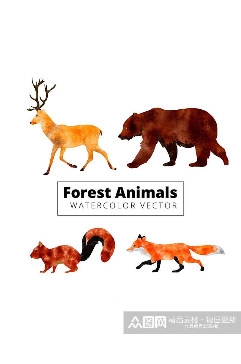 4款水彩绘动感森林动物矢量图素材