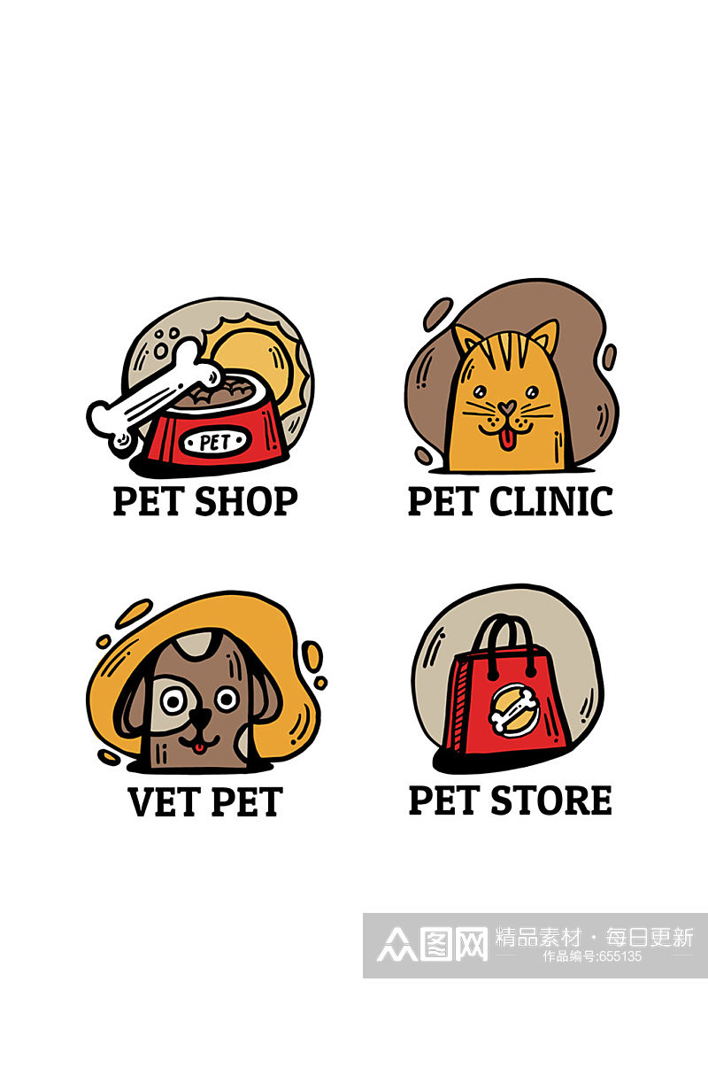 4款彩绘宠物店标志矢量素材素材