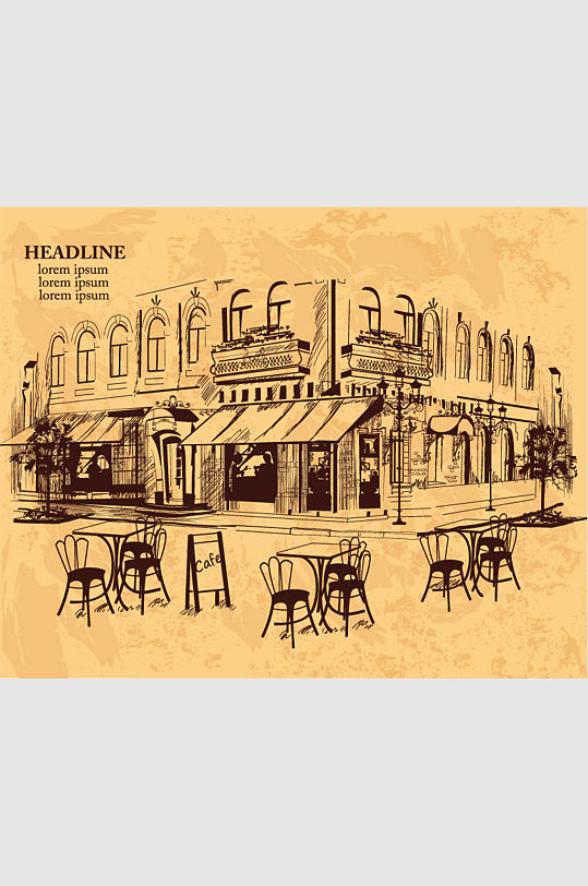 复古手绘室外咖啡馆矢量素材