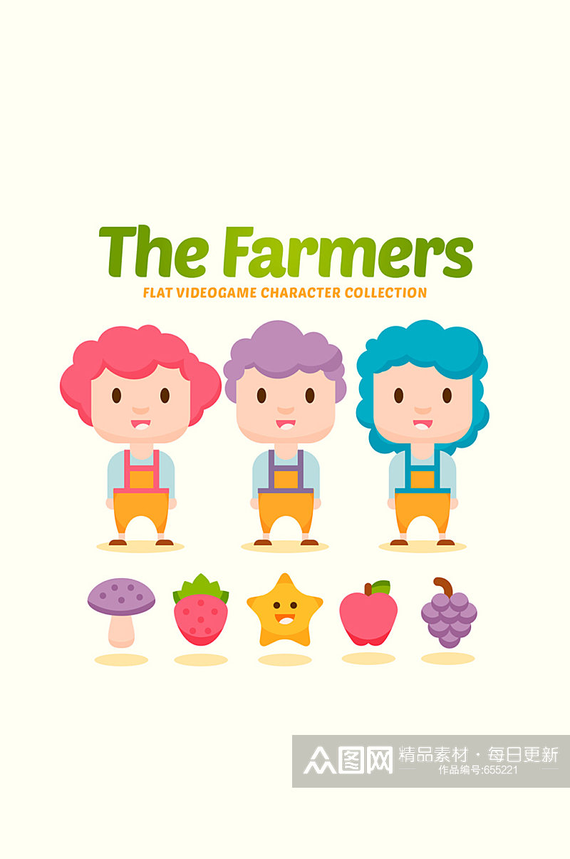 3款卡通农场游戏人物和4款水果矢量图素材