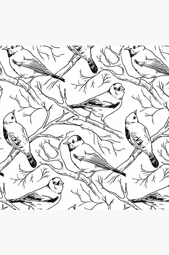 手绘树枝上的鸟无缝背景矢量素材