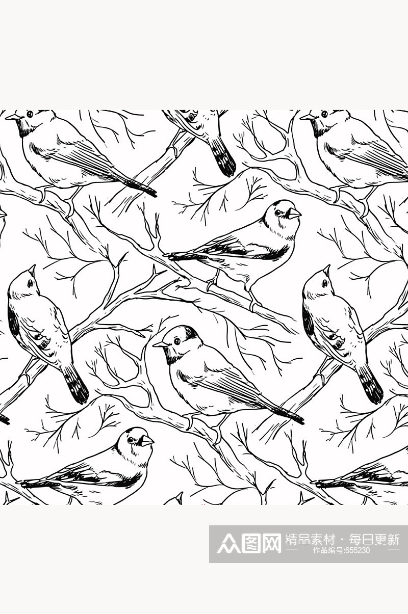 手绘树枝上的鸟无缝背景矢量素材素材
