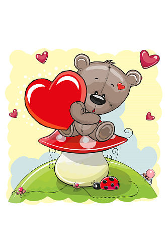 卡通坐在蘑菇上的泰迪熊矢量图