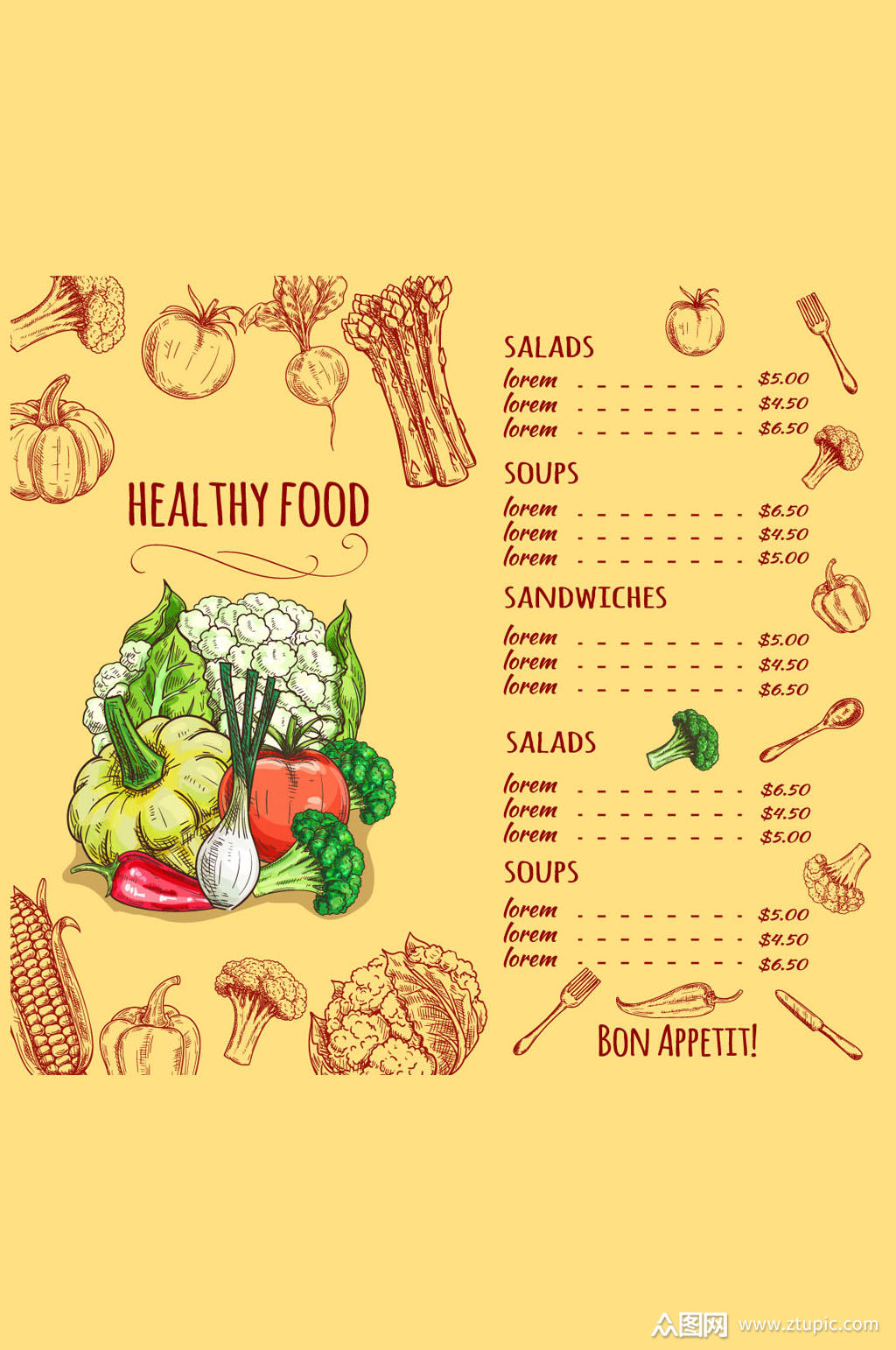 彩绘蔬菜餐馆菜单设计矢量图