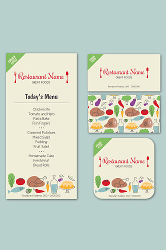 3款彩绘餐厅菜单卡片矢量图