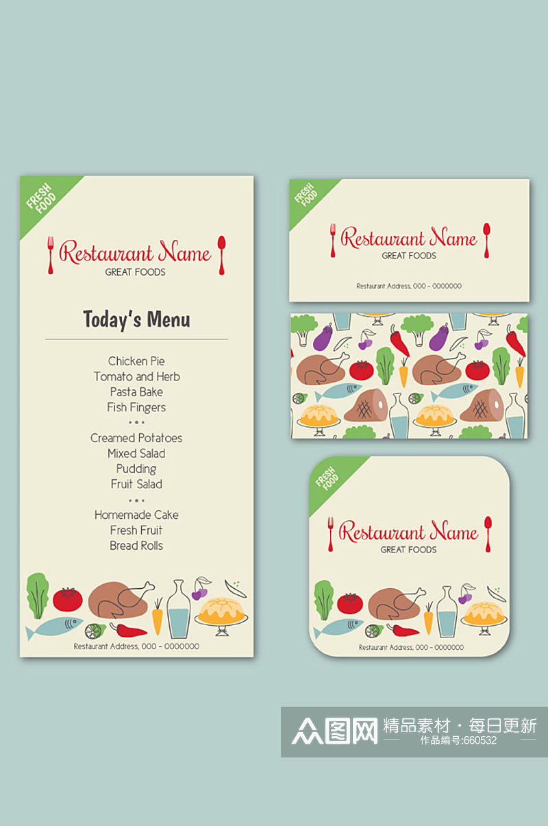 3款彩绘餐厅菜单卡片矢量图素材