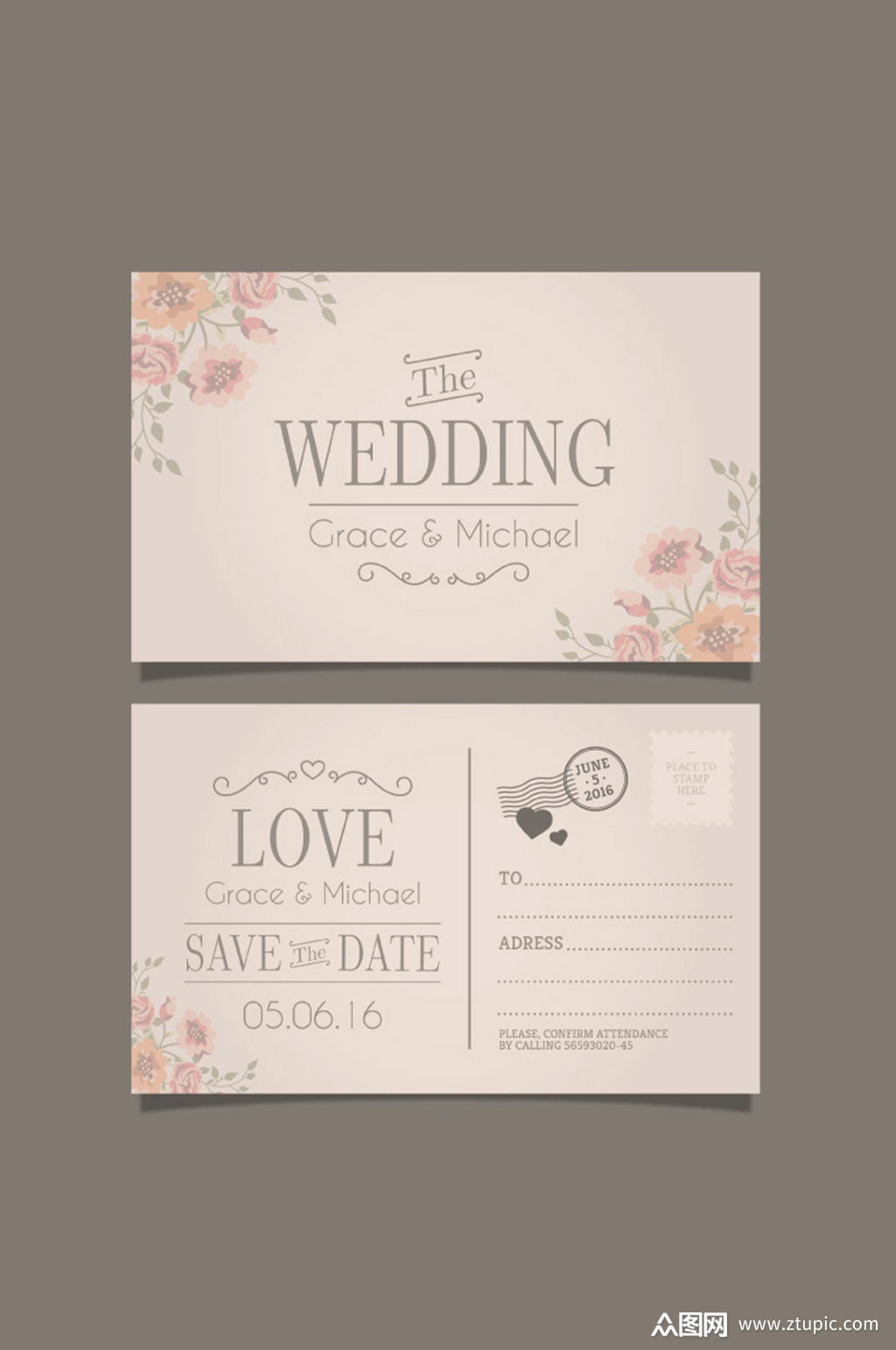 复古明信片风格婚礼邀请卡矢量图