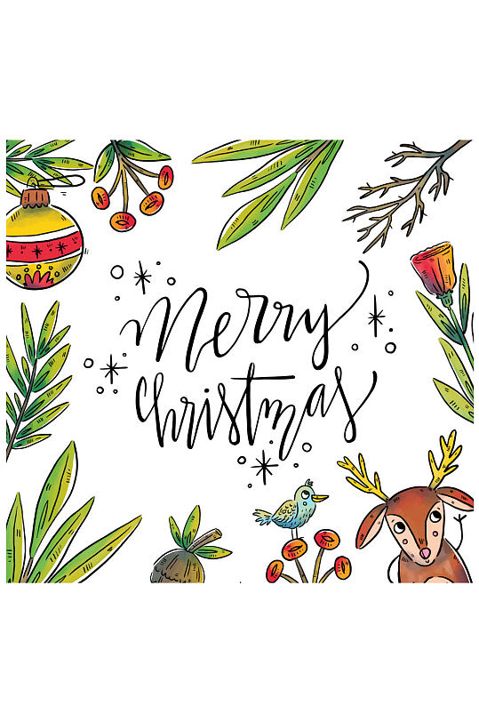 可爱彩绘圣诞驯鹿和树枝边框矢量图
