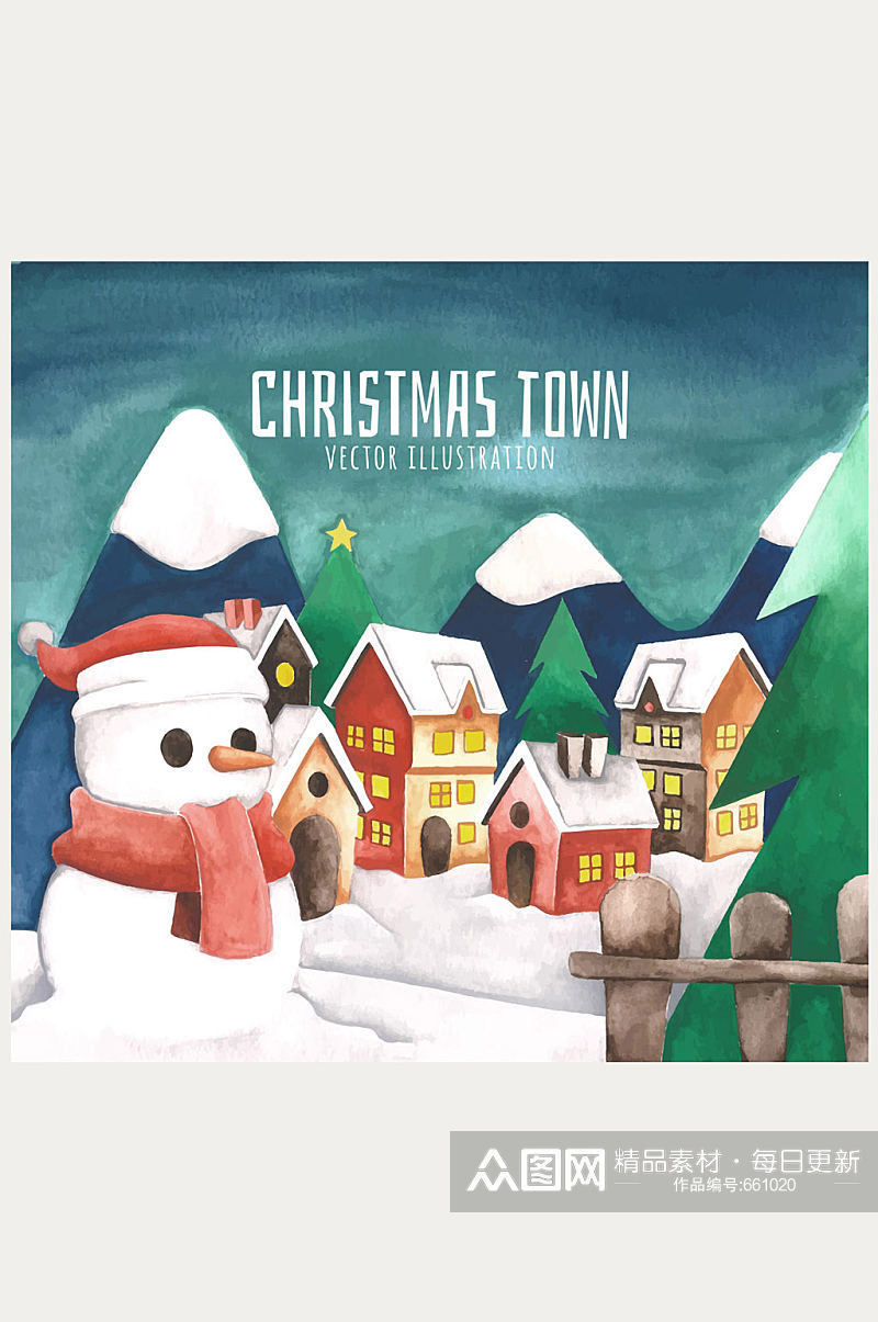 水彩绘圣诞小镇和雪人矢量图素材