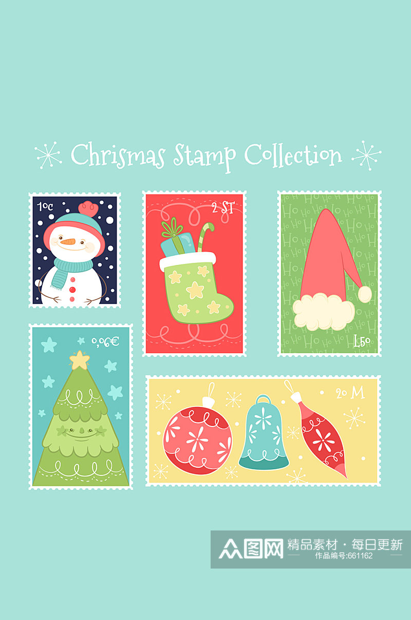 6款彩绘圣诞邮票矢量素材素材