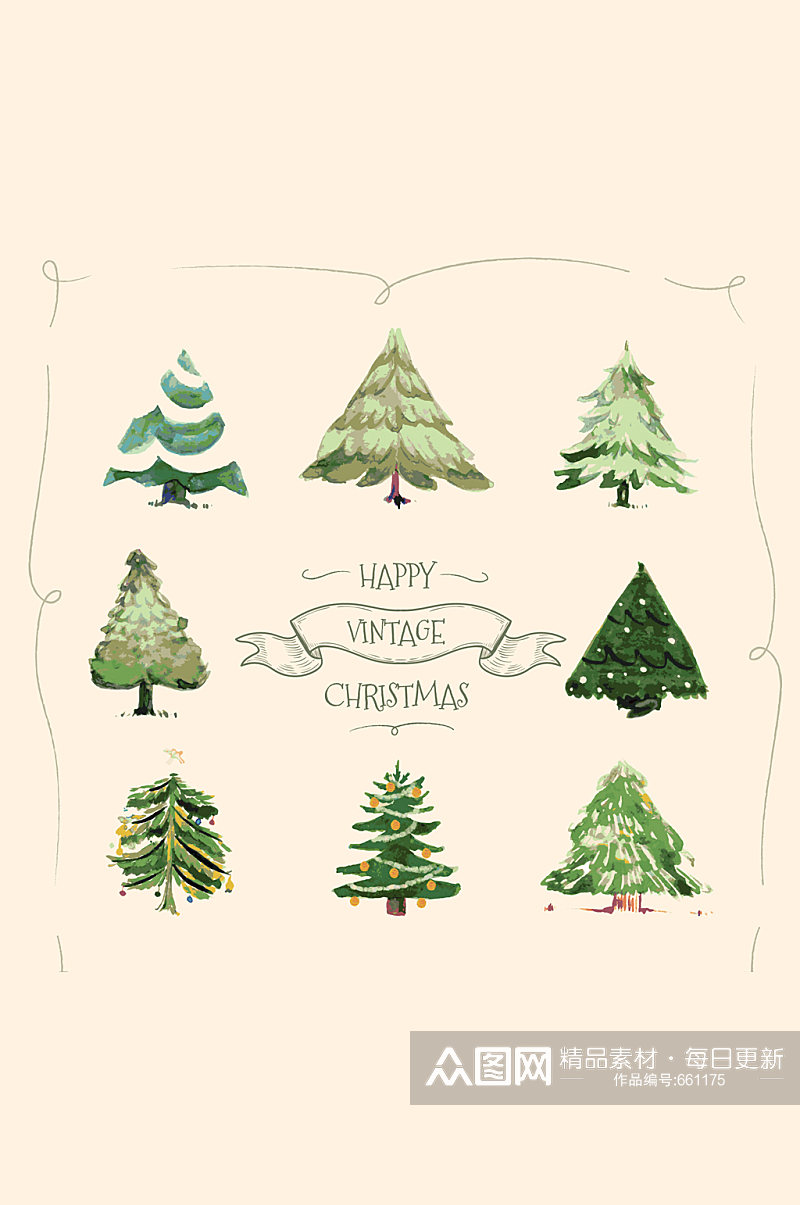 8款手绘复古圣诞树矢量素材素材