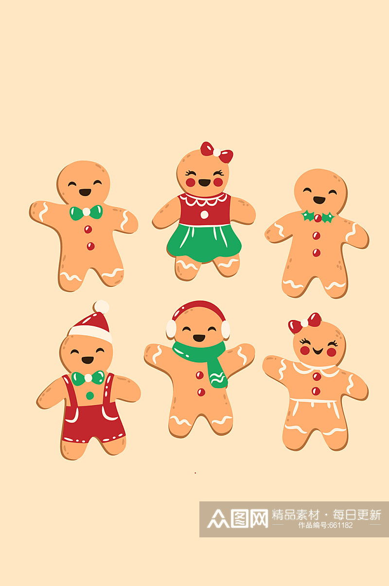 6款可爱笑脸圣诞节姜饼人矢量图素材