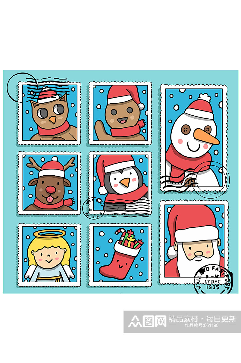 8款彩绘圣诞节邮票矢量素材素材