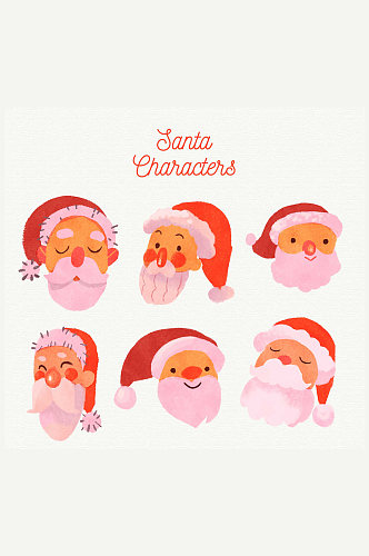 6款水彩绘圣诞老人头像矢量图