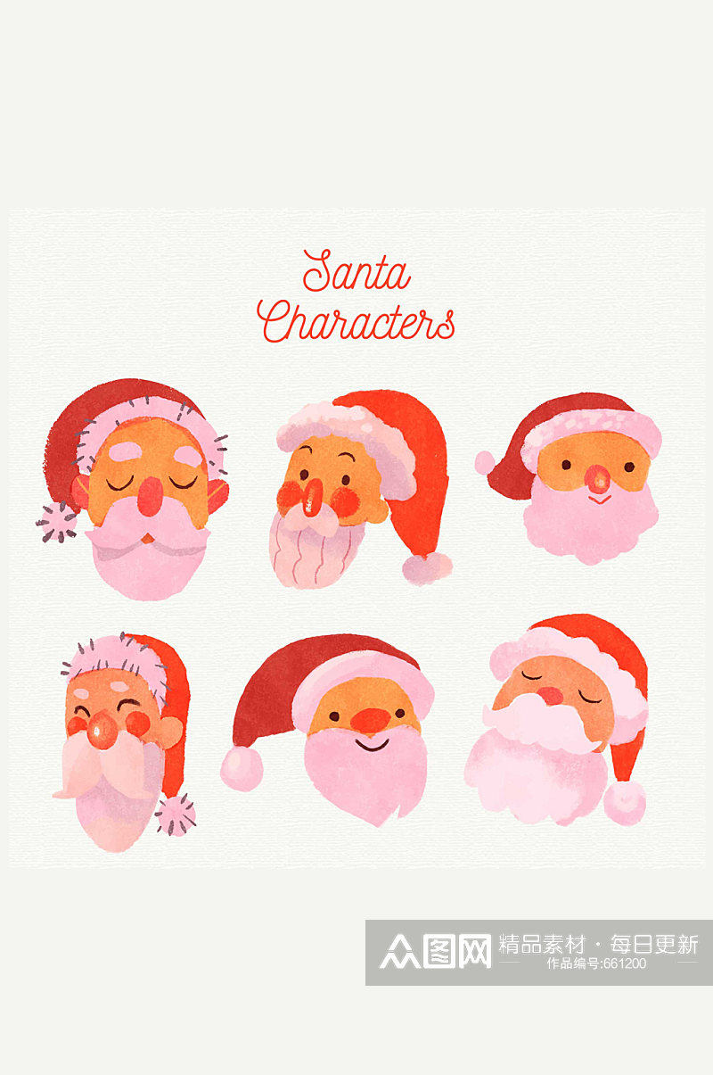 6款水彩绘圣诞老人头像矢量图素材