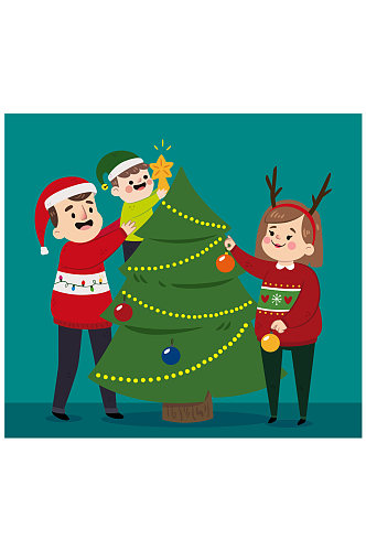 卡通装饰圣诞树的一家三口矢量图