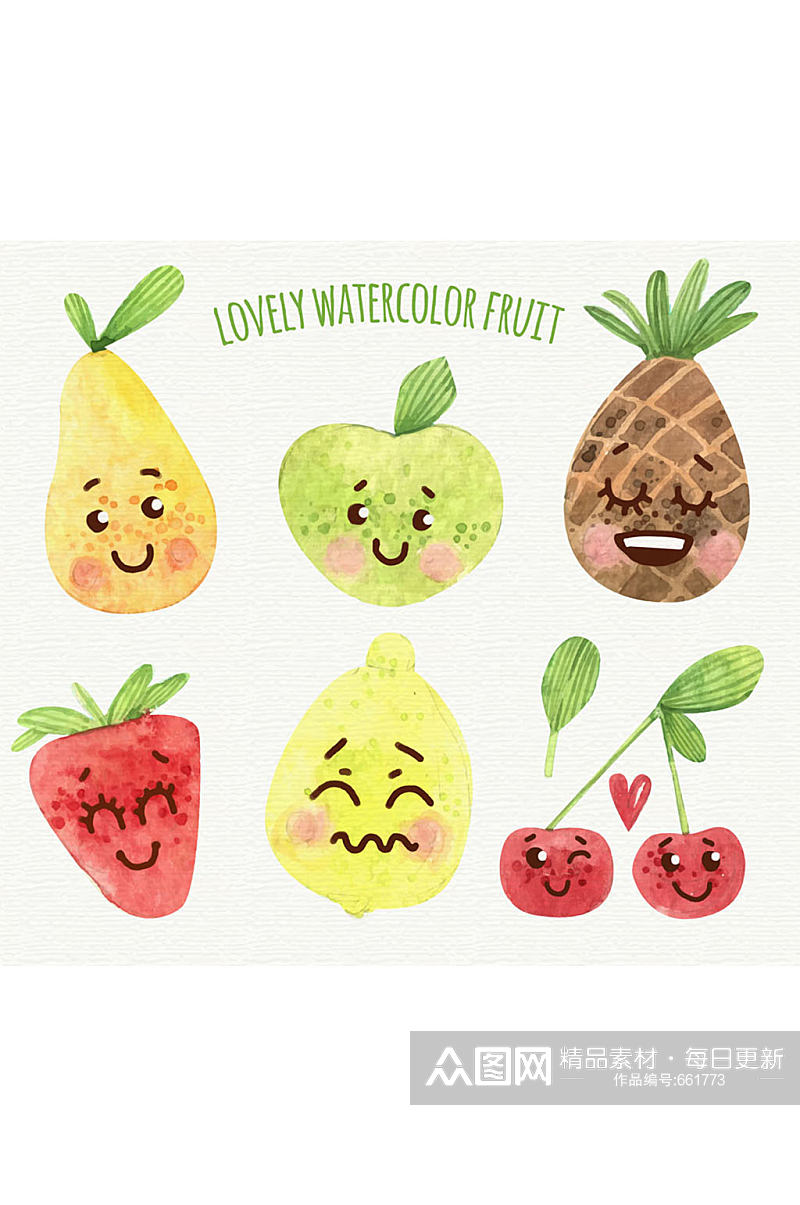 6款水彩绘表情水果矢量素材素材