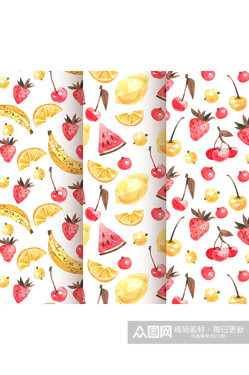3款水彩绘红色和黄色水果无缝背景矢量图素材