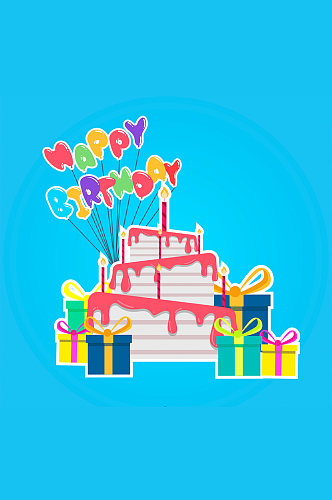彩色生日蛋糕和礼盒贴纸矢量图