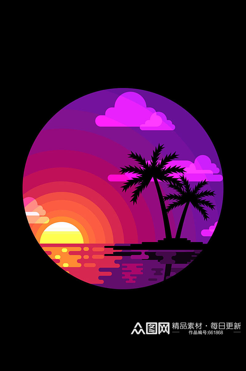 紫色大海和棕榈树风景矢量素材素材