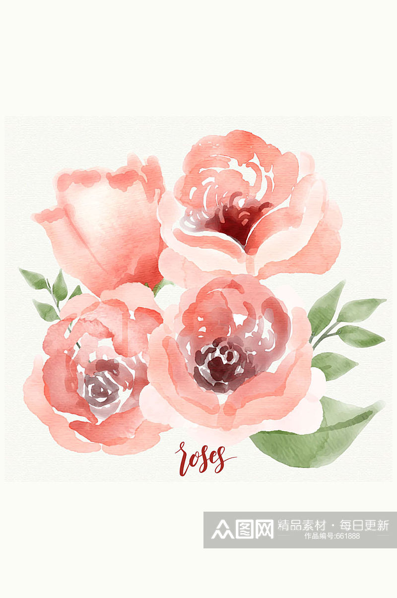水彩绘4朵粉色玫瑰花矢量素材素材