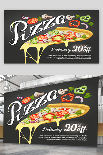 美味三角披萨折扣促销展板矢量图