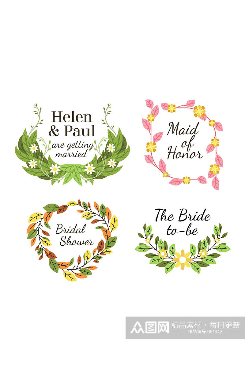 4款彩色树叶和花卉婚礼标签矢量图素材