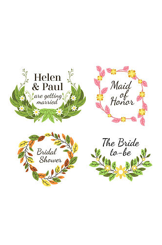 4款彩色树叶和花卉婚礼标签矢量图