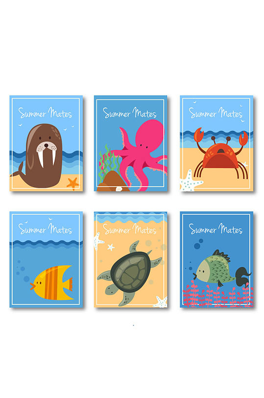 8款可爱夏季动物卡片矢量图