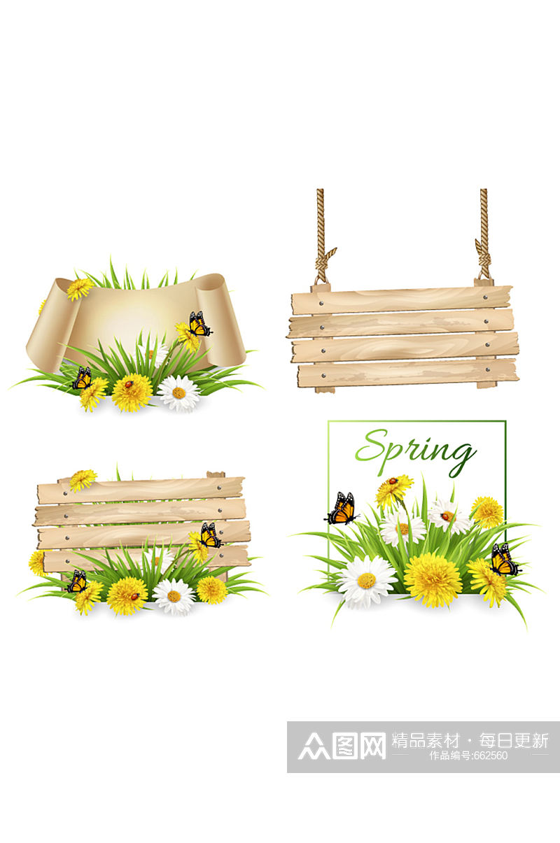 4款春季花卉与蝴蝶装饰木牌矢量图素材