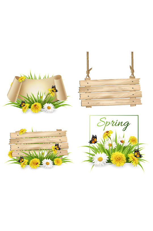 4款春季花卉与蝴蝶装饰木牌矢量图