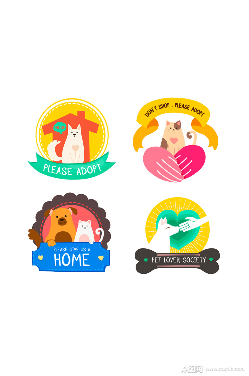 4款彩色关爱流浪动物标签矢量素材