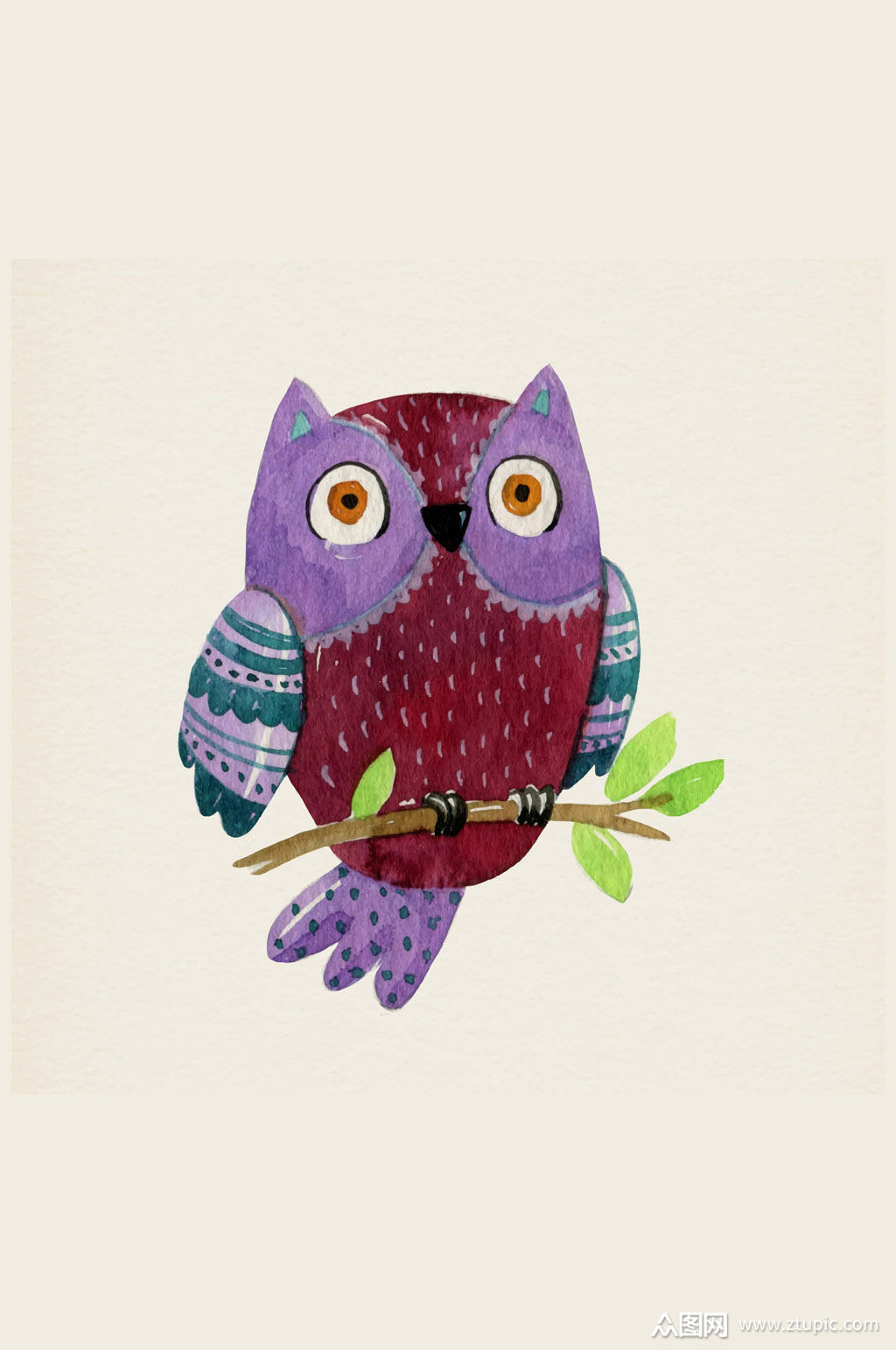 水彩绘树枝上的猫头鹰矢量素材