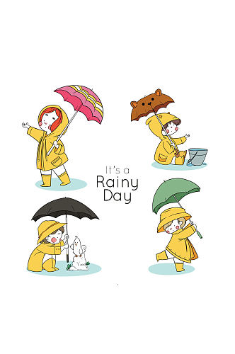 4款彩绘雨天打伞的儿童矢量素材