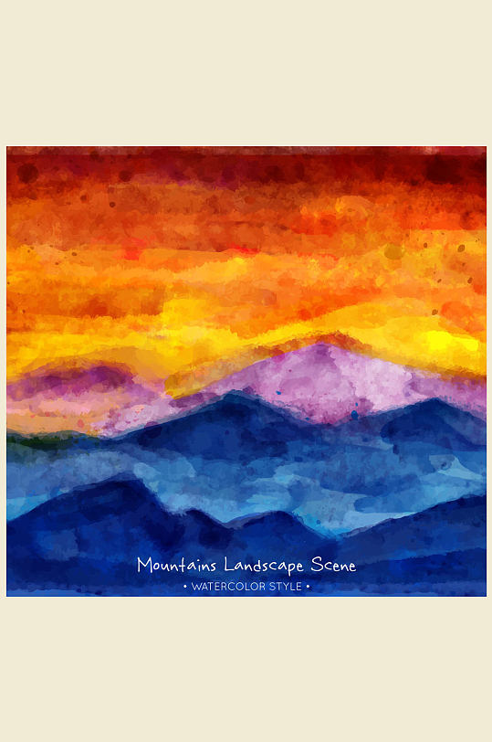 水彩绘夕阳下的山脉风景矢量素材