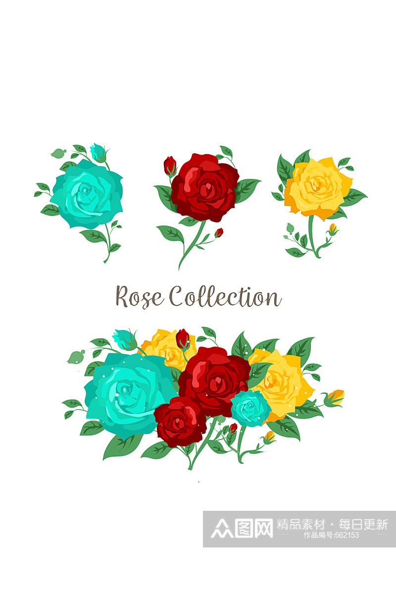 3款彩色玫瑰花和花束矢量素材素材