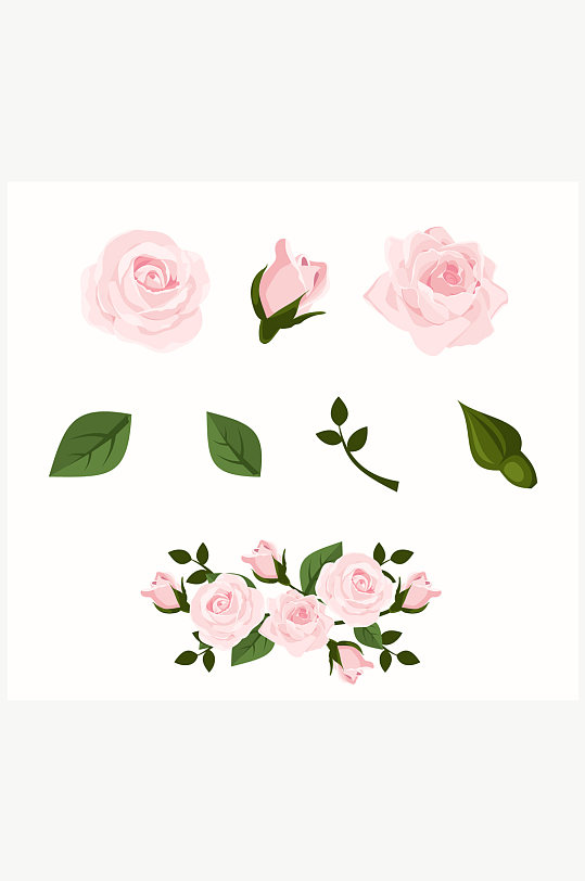 4款粉色玫瑰花和4款叶子矢量图