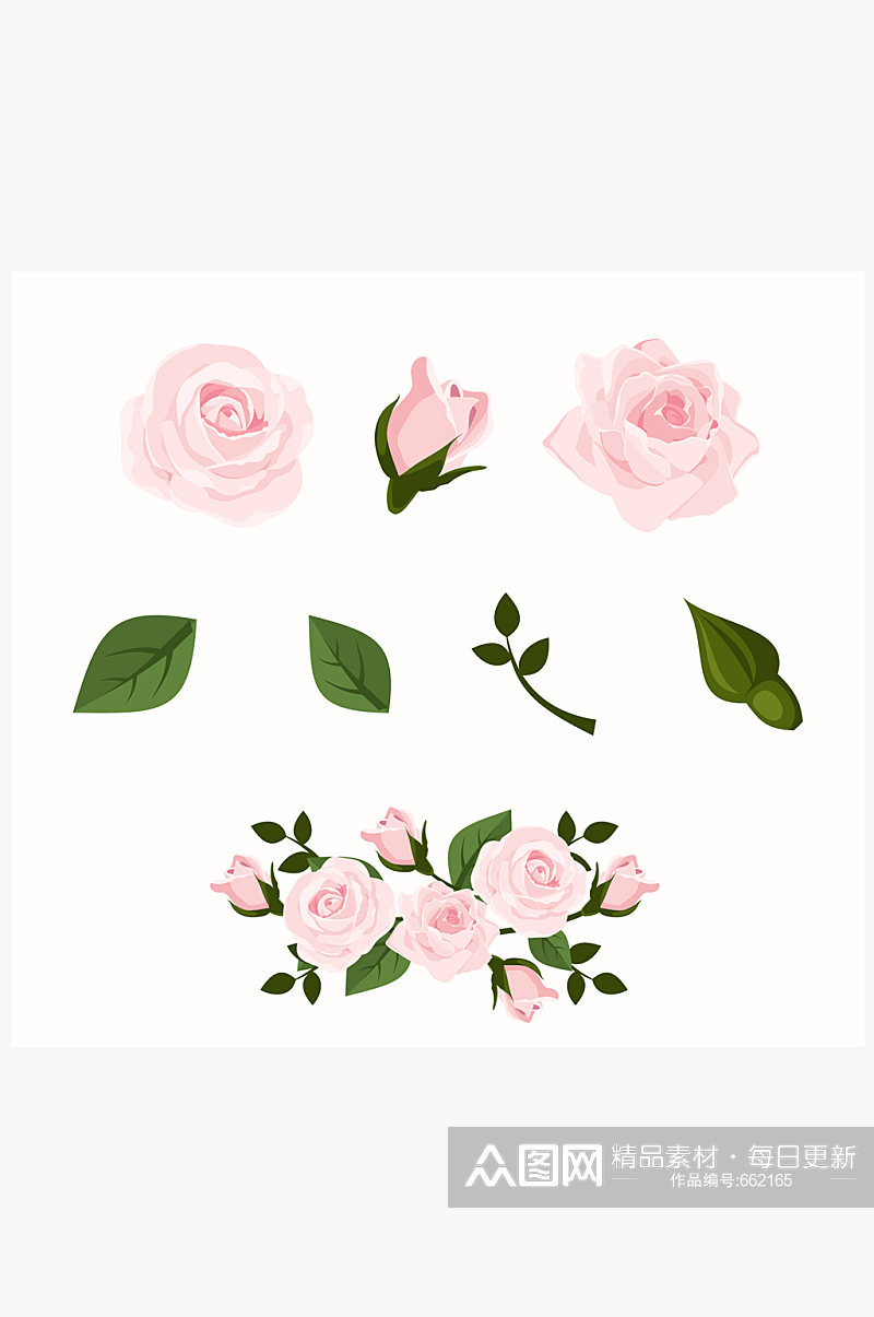 4款粉色玫瑰花和4款叶子矢量图素材