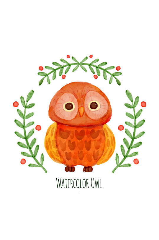 水彩绘可爱橙色猫头鹰矢量图