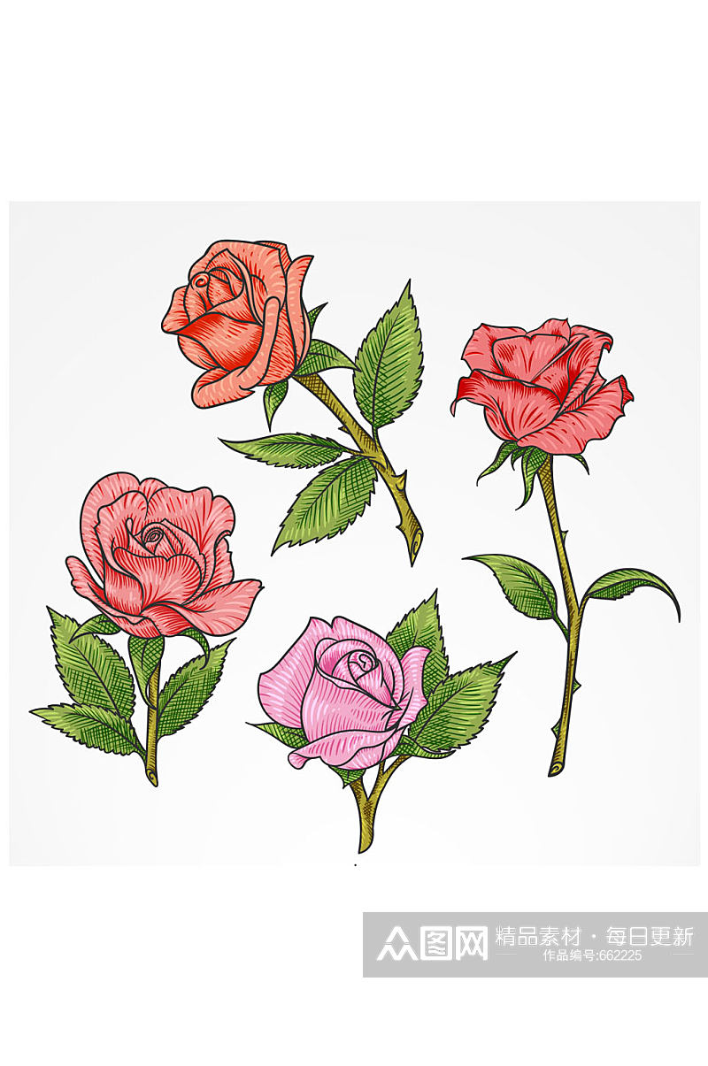 4款彩色单枝玫瑰花矢量素材素材