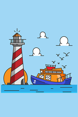 彩绘海上灯塔和船舶矢量素材 灯塔工作站